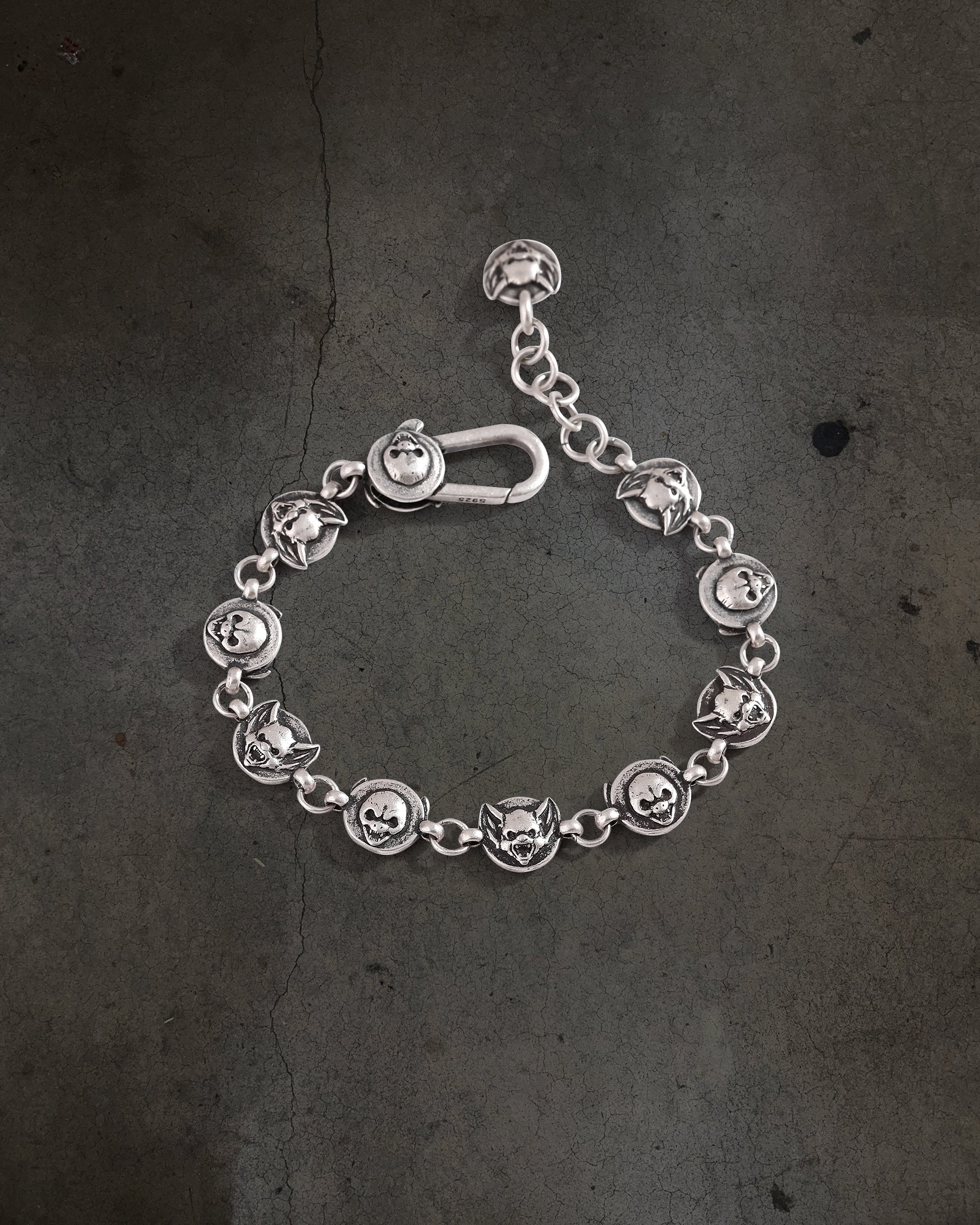 Gothic Silver Bat & Skull Charm Bracelet